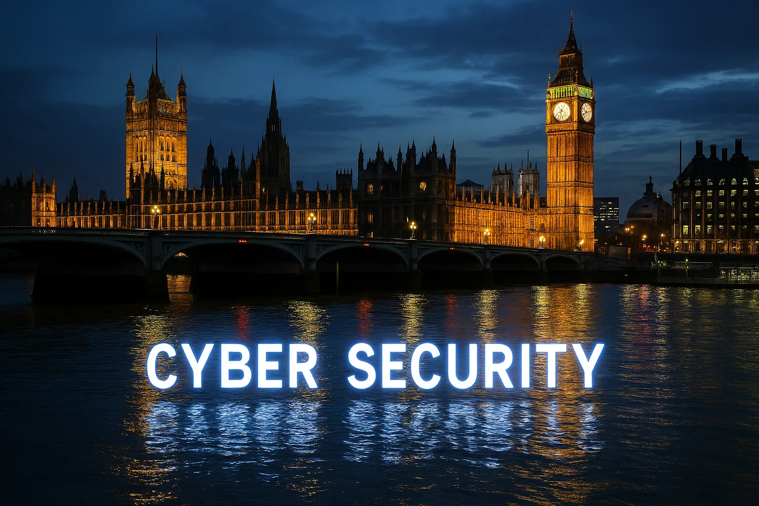 Houses of Parliament at night with Cyber Security text reflected on the River Thames